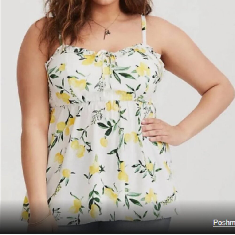Torrid Size 3 (22/24W) Challis Babydoll Cami with Lemons Ruffle / Lace-Up NWT